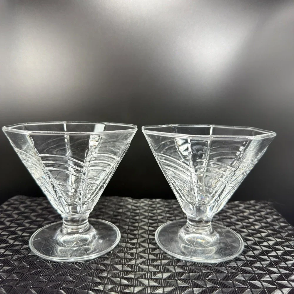 Dansk Summerhouse Clear Glass Footed Dessert Bowls Art Deco Hexagonal Set of 2‎
